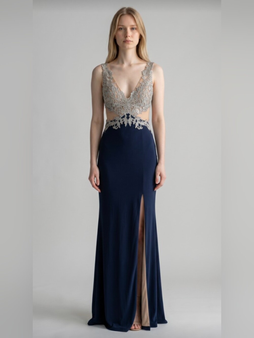 JUMP APPAREL! GLAM JEWELED NUDE LACE BRA TO NAVY WAIST FULL LENGTH GOWN!  3/4